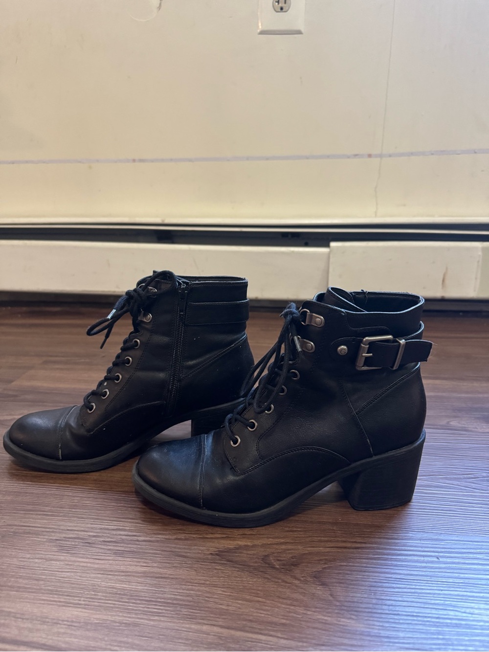 Women's Black Lace-Up Ankle Boots with Buckle